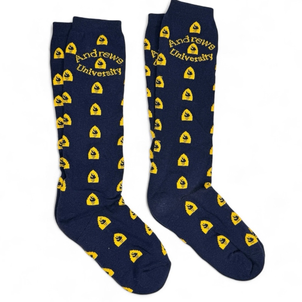 Andrews University Over The Calf Crew Socks Size M Navy Yellow 2 Pairs NWOT‎